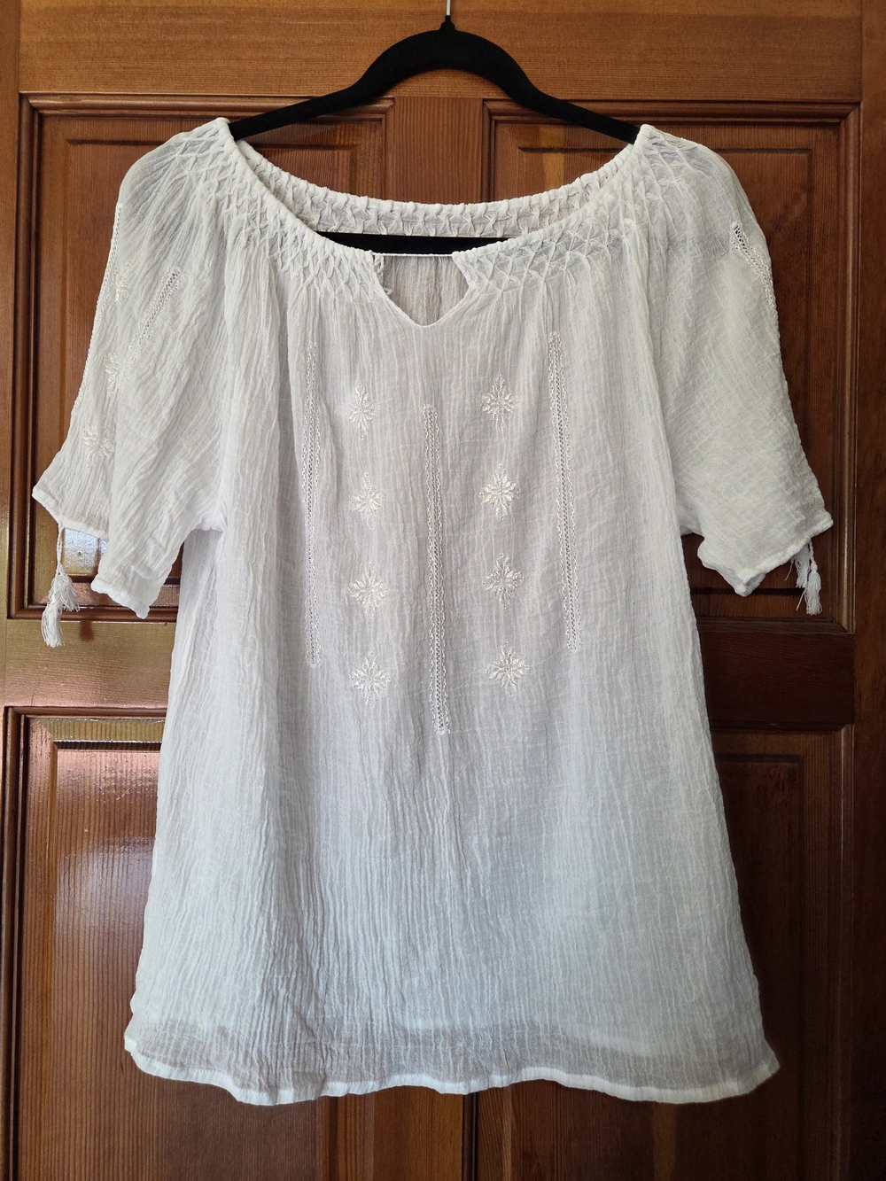 White Embroidered Peasant Top - Lightweight Women's Blouse NWOT